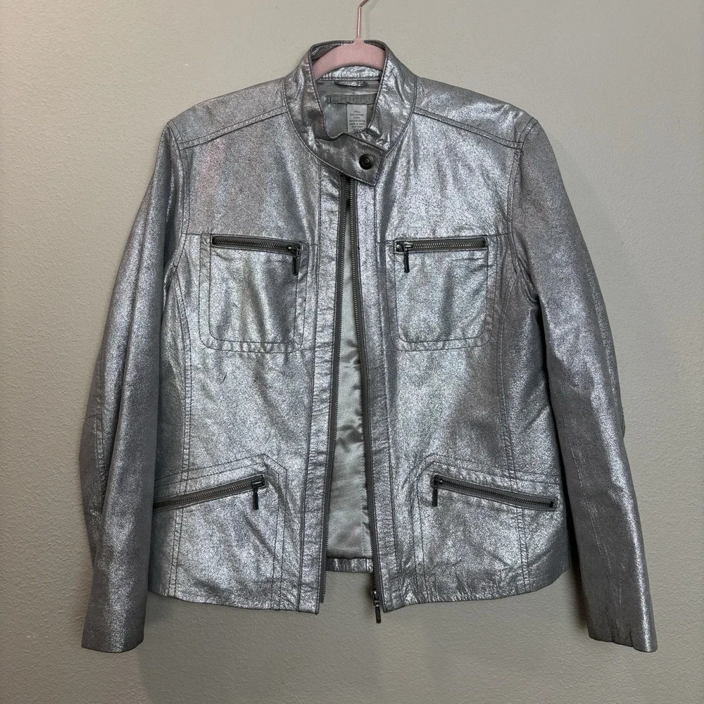 Chico's Lavish Luster Metallic Silver Leather Motorcycle‎ Jacket Sz 1 Medium Y2K